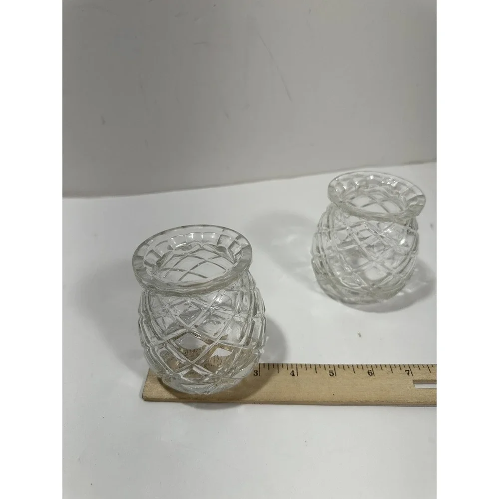 Set of 2 Pineapple‎ Cut Glass Sphere Vase Votive Candle Holder 3.6
